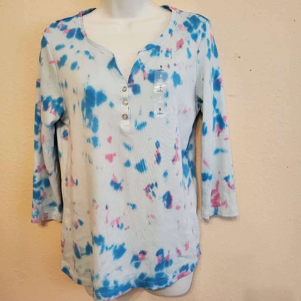 Karen Scott Women's Tie Dye 3/4 sleeve crew neck t-shirt size S.